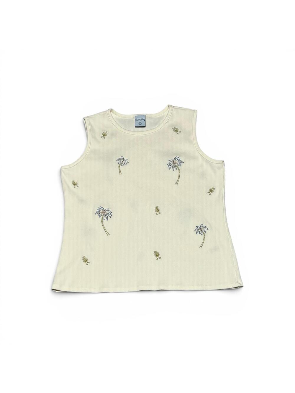 Vintage Sleeveless Embroidered Palm Tree Print Shell Top 1X
